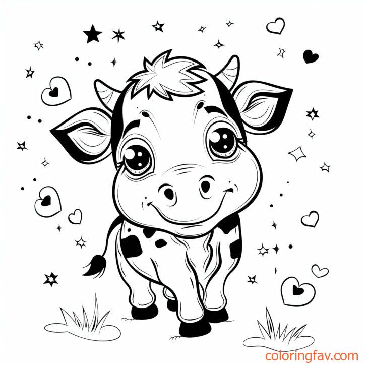 A Cute Cow with big eyes and a playful smile is surrounded by hearts and stars 1