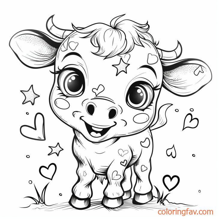 A Cute Cow with big eyes and a playful smile is surrounded by hearts and stars 2