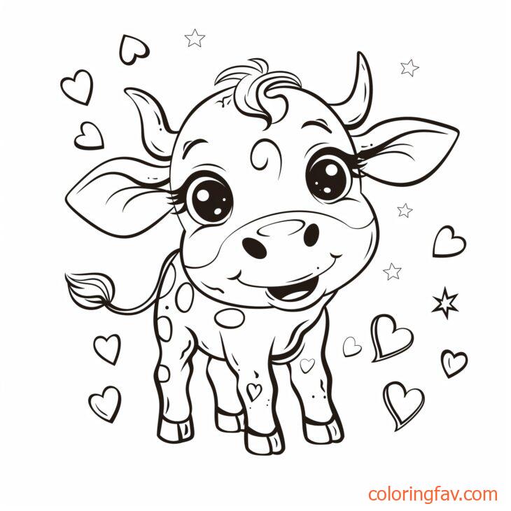 A Cute Cow with big eyes and a playful smile is surrounded by hearts and stars 3