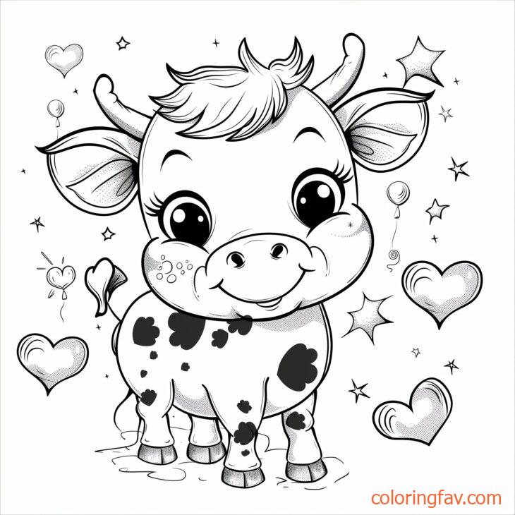 A Cute Cow with big eyes and a playful smile is surrounded by hearts and stars 4