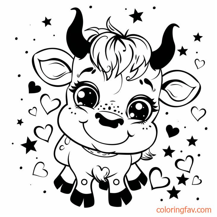 A Cute Cow with big eyes and a playful smile is surrounded by hearts and stars 5