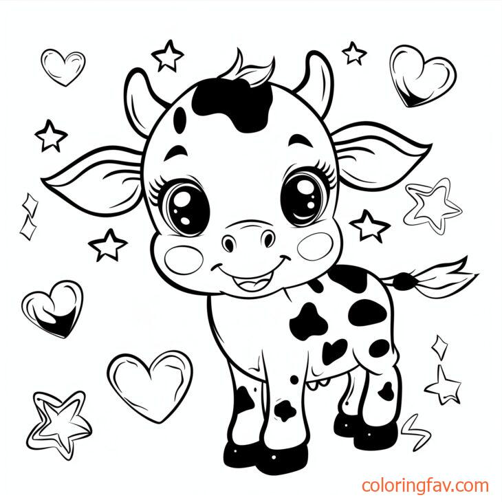 A Cute Cow with big eyes and a playful smile is surrounded by hearts and stars 6