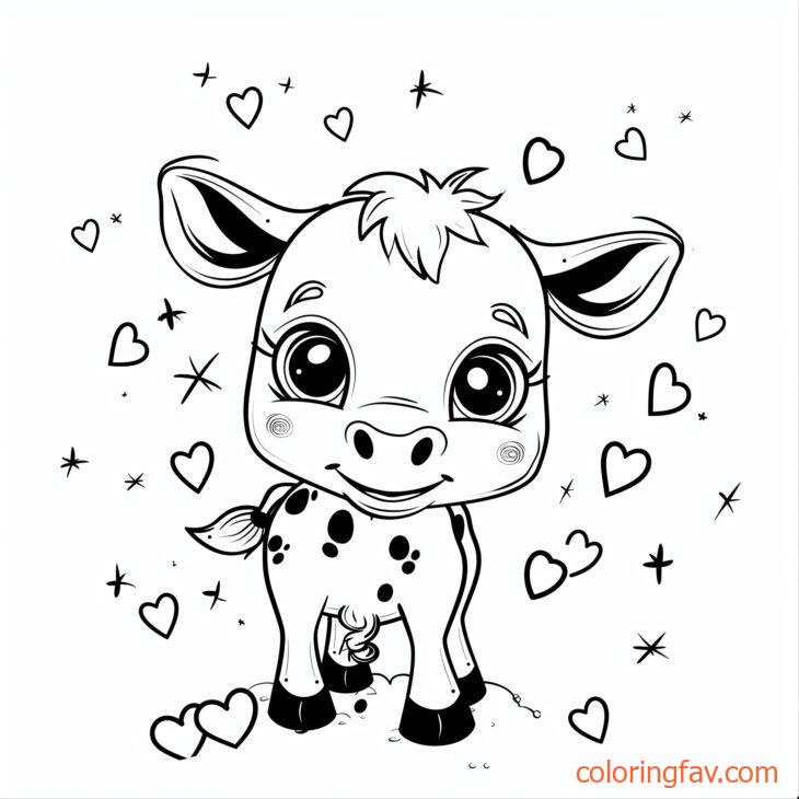 A Cute Cow with big eyes and a playful smile is surrounded by hearts and stars 7