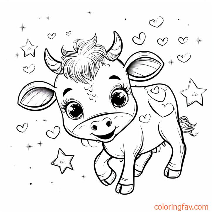 A Cute Cow with big eyes and a playful smile is surrounded by hearts and stars 8