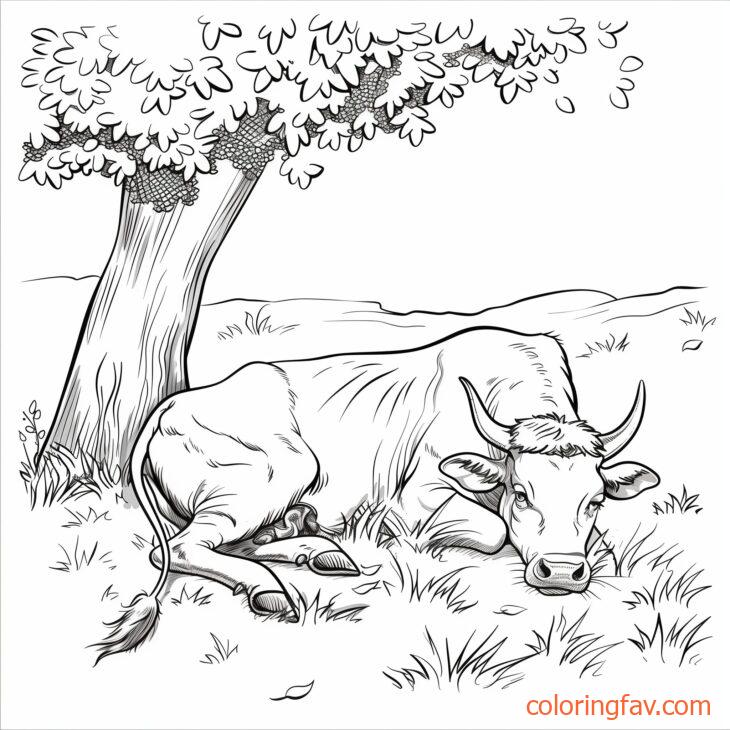 A Peaceful Cow lying down under a shady tree asleep in a serene pasture 1