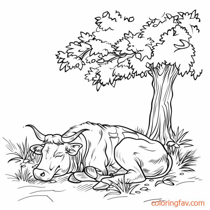 A Peaceful Cow lying down under a shady tree asleep in a serene pasture 3