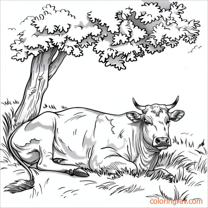 A Peaceful Cow lying down under a shady tree asleep in a serene pasture 4