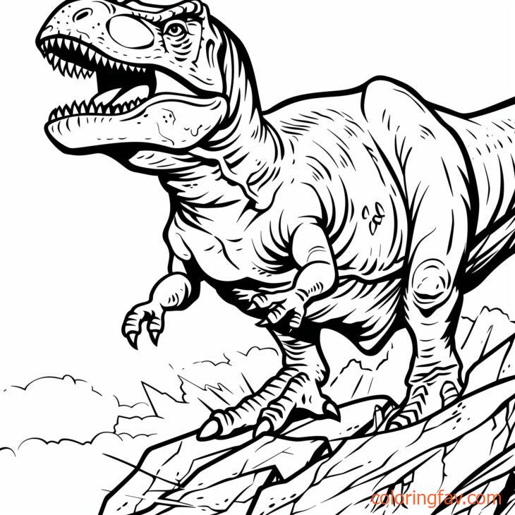 A T Rex with one foot on a rock climbing up a rocky incline 1