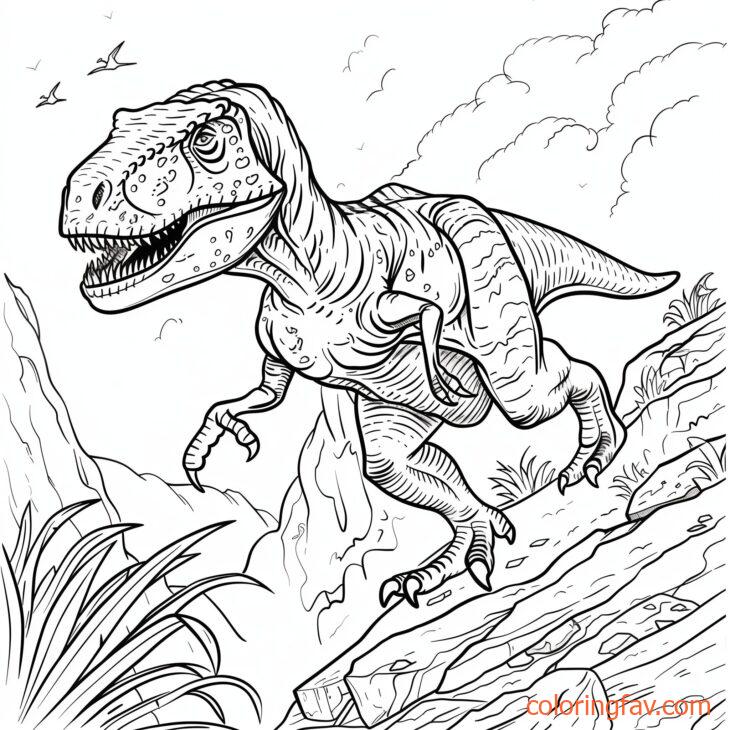 A T Rex with one foot on a rock climbing up a rocky incline 3