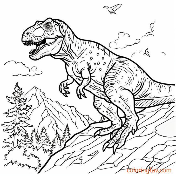 A T Rex with one foot on a rock climbing up a rocky incline 4