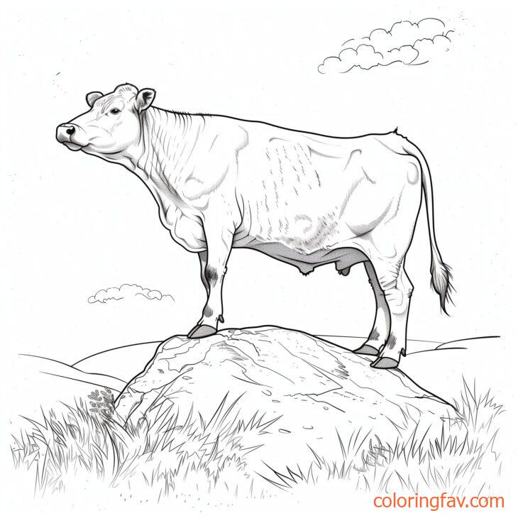 A climbing cow scaling a small hill or rock with rolling hills behind it 2