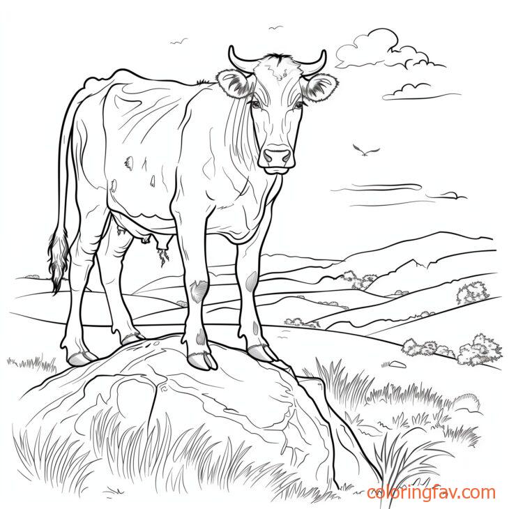 A climbing cow scaling a small hill or rock with rolling hills behind it 3