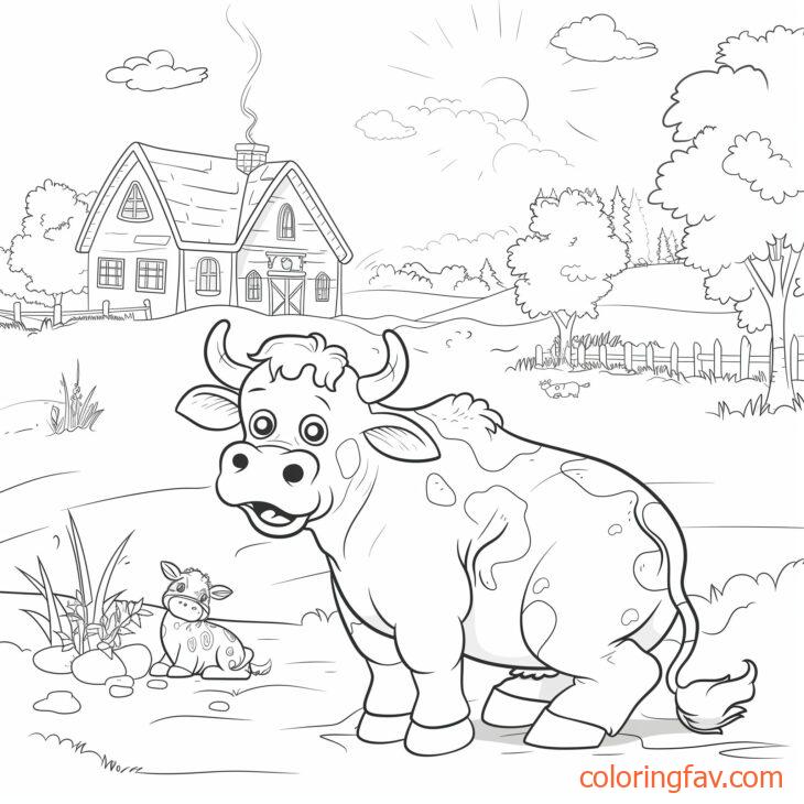 A curious cow sitting and observing a farmhouse and barnyard animals 1