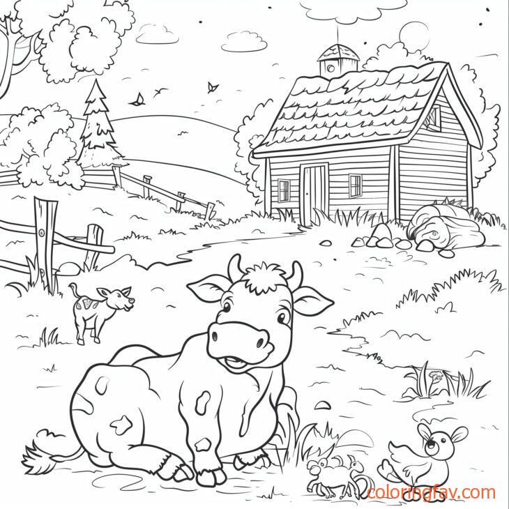 A curious cow sitting and observing a farmhouse and barnyard animals 2