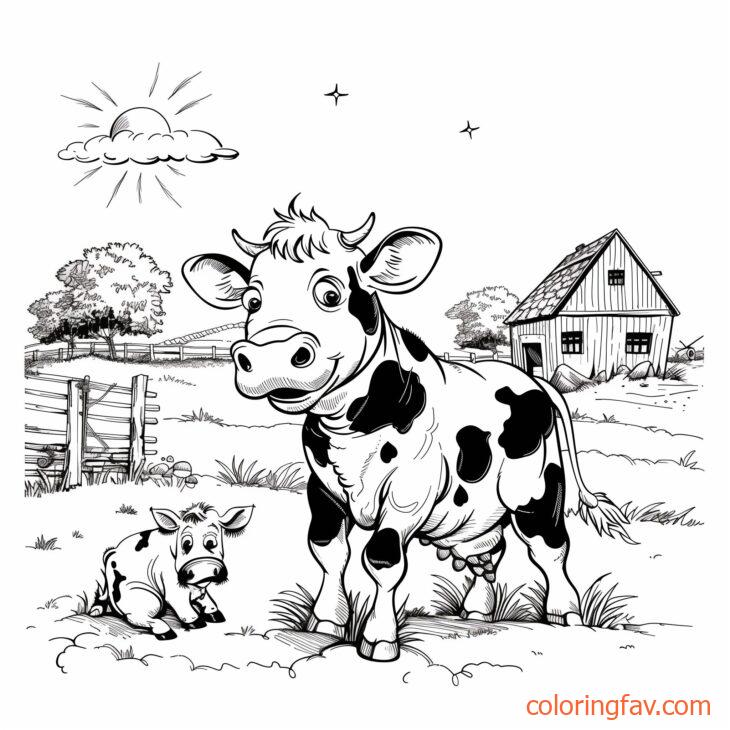 A curious cow sitting and observing a farmhouse and barnyard animals 3