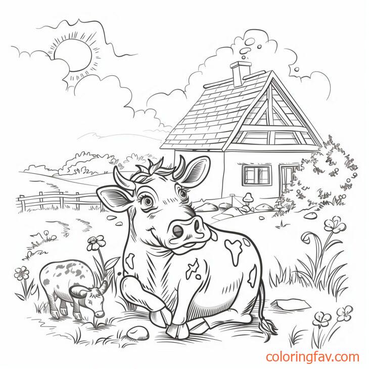 A curious cow sitting and observing a farmhouse and barnyard animals 4