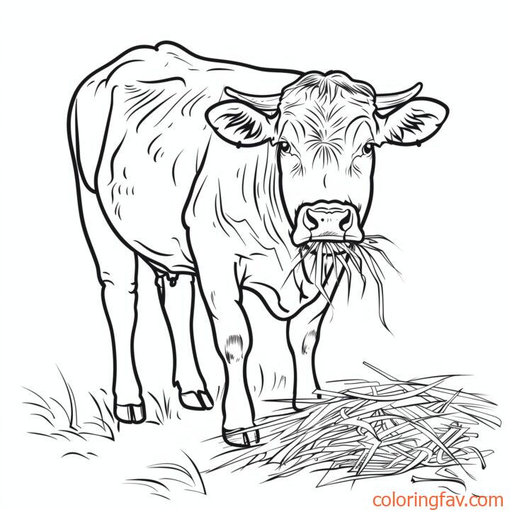 A cute hungry cow munches on grass or hay 4