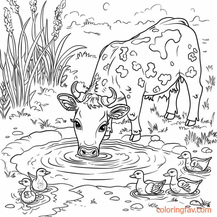 A cute thirsty cow drinking from a sparkling pond with ducks and reeds nearby 1