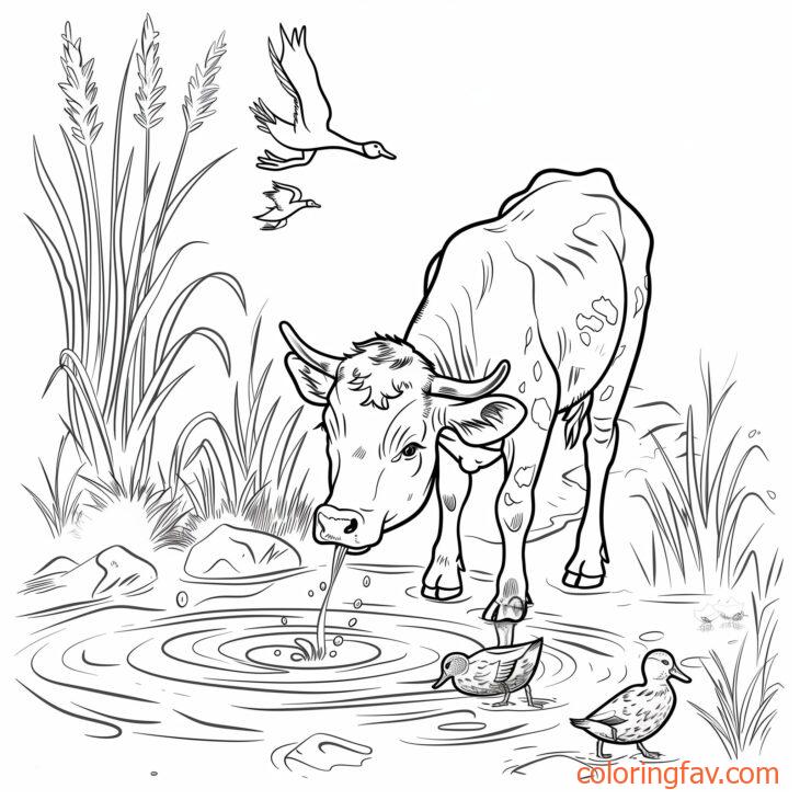 A cute thirsty cow drinking from a sparkling pond with ducks and reeds nearby 2