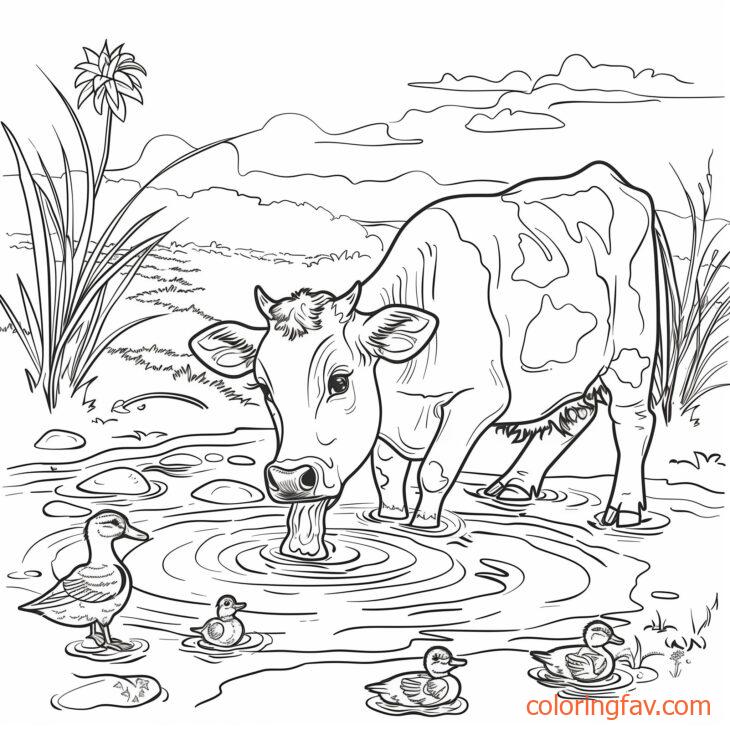 A cute thirsty cow drinking from a sparkling pond with ducks and reeds nearby 3