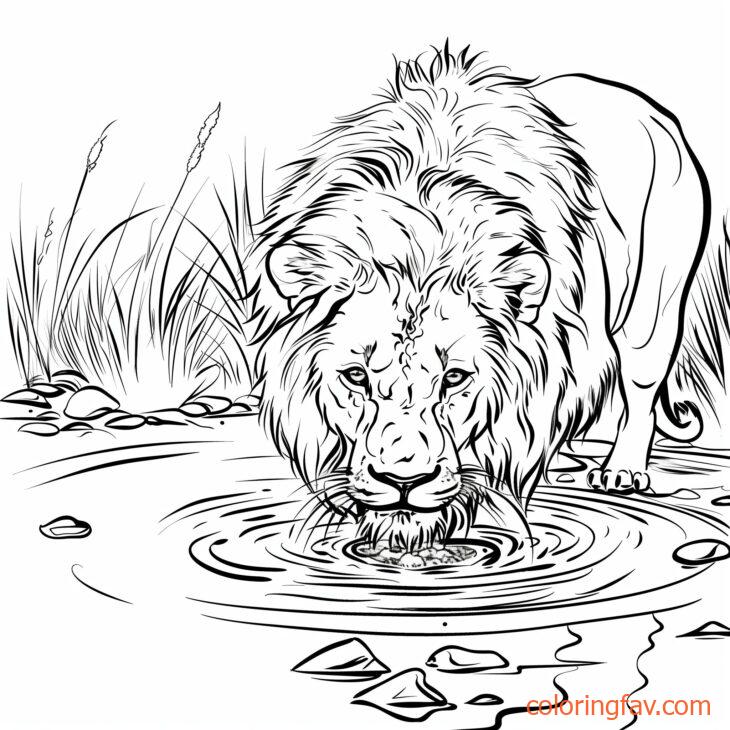 A lion bending down to drink water from a river 1