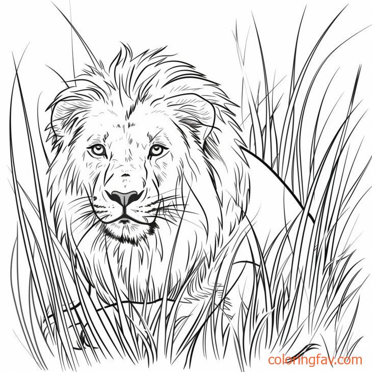 A lion crouched low in the tall grass 1