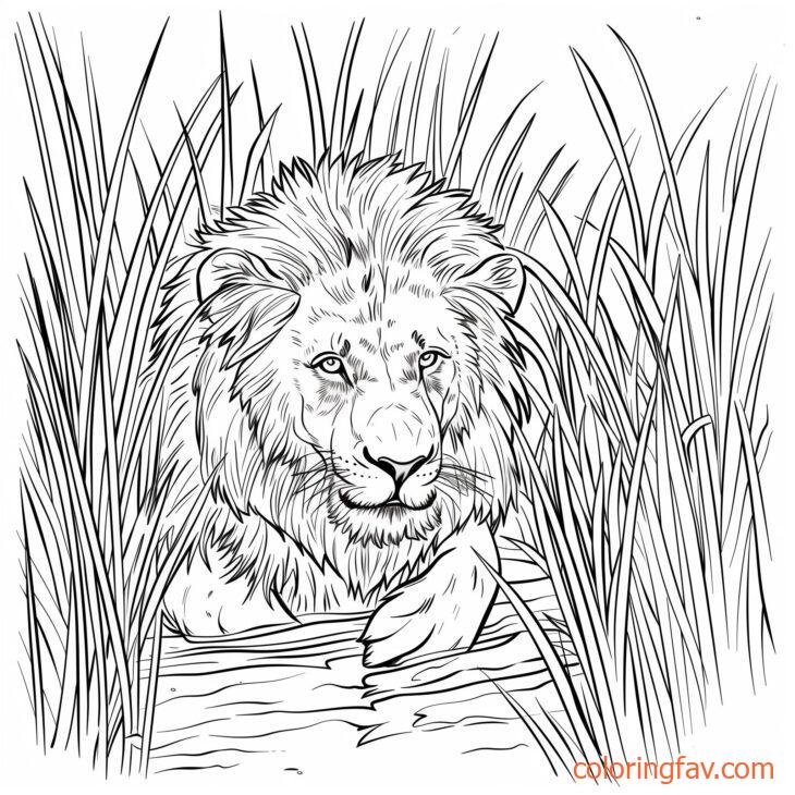 A lion crouched low in the tall grass 2