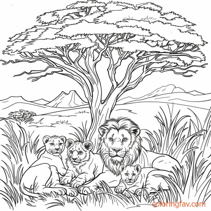 A lion lioness and their cubs resting under a tree in the savanna 1