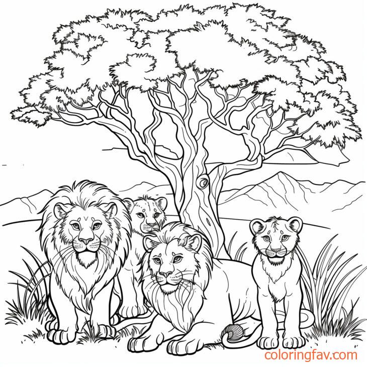 A lion lioness and their cubs resting under a tree in the savanna 2