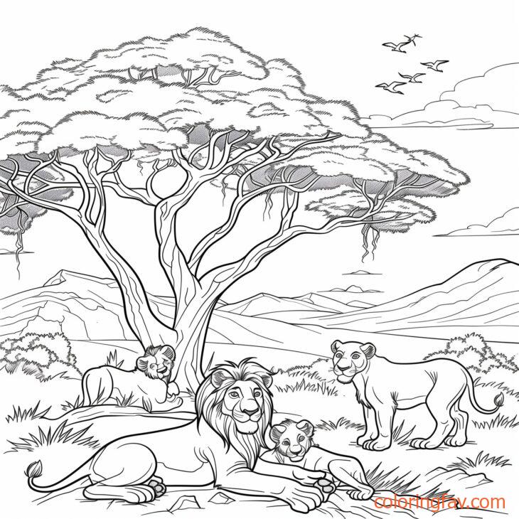 A lion lioness and their cubs resting under a tree in the savanna 3