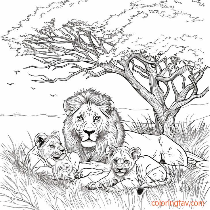 A lion lioness and their cubs resting under a tree in the savanna 4