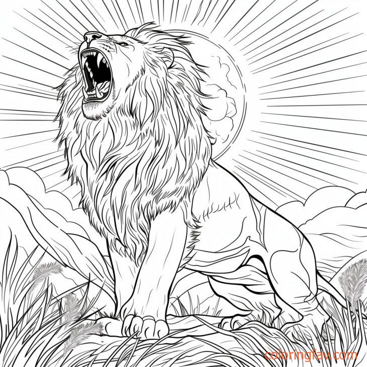 A lion roaring as the sun rises in the background offers a dynamic scene to color 1