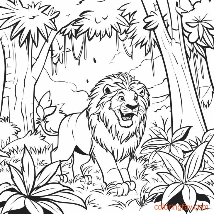 A lion walking through a dense jungle surrounded by trees and vines 1