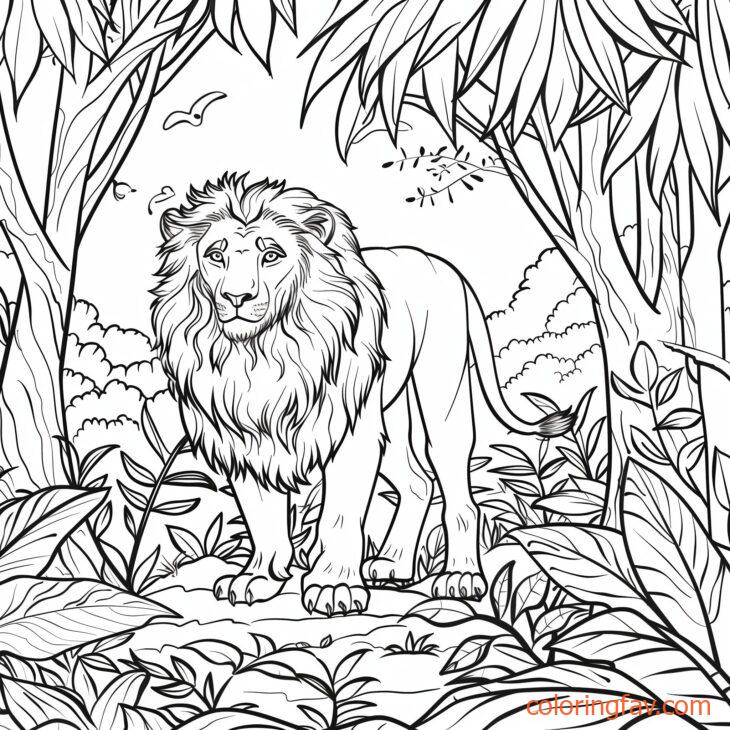 A lion walking through a dense jungle surrounded by trees and vines 2