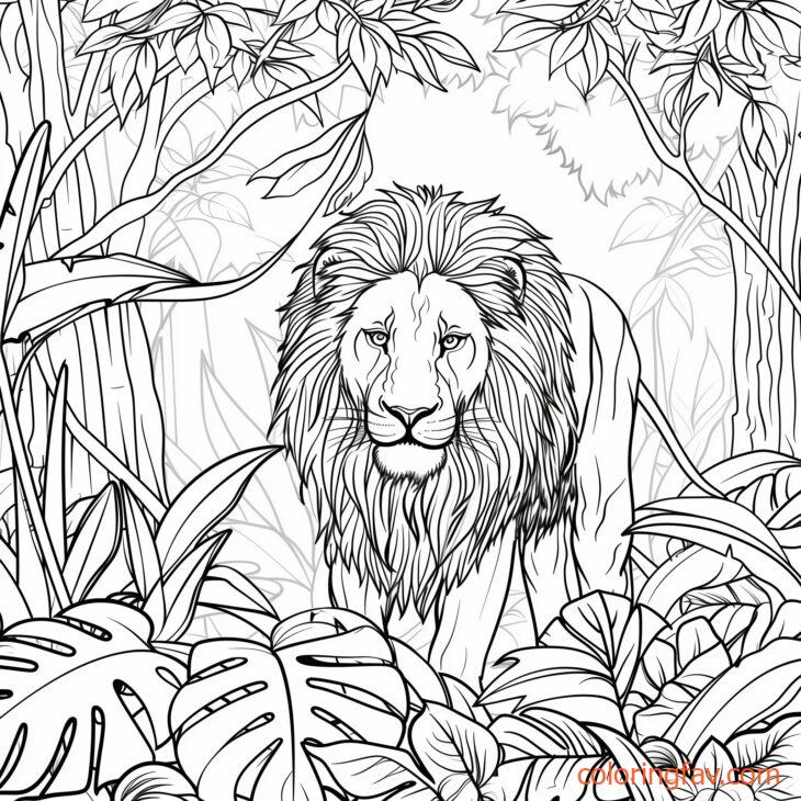 A lion walking through a dense jungle surrounded by trees and vines 3