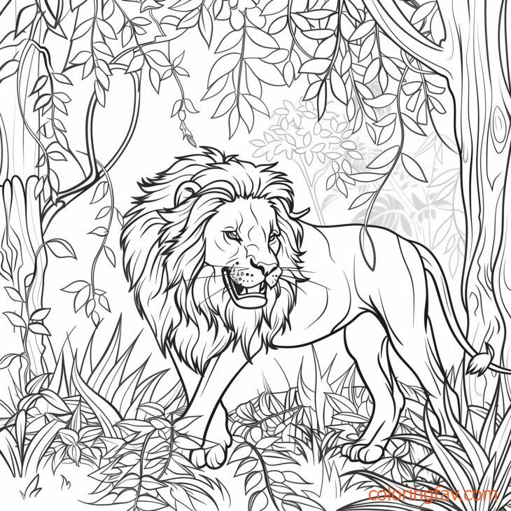 A lion walking through a dense jungle surrounded by trees and vines 4