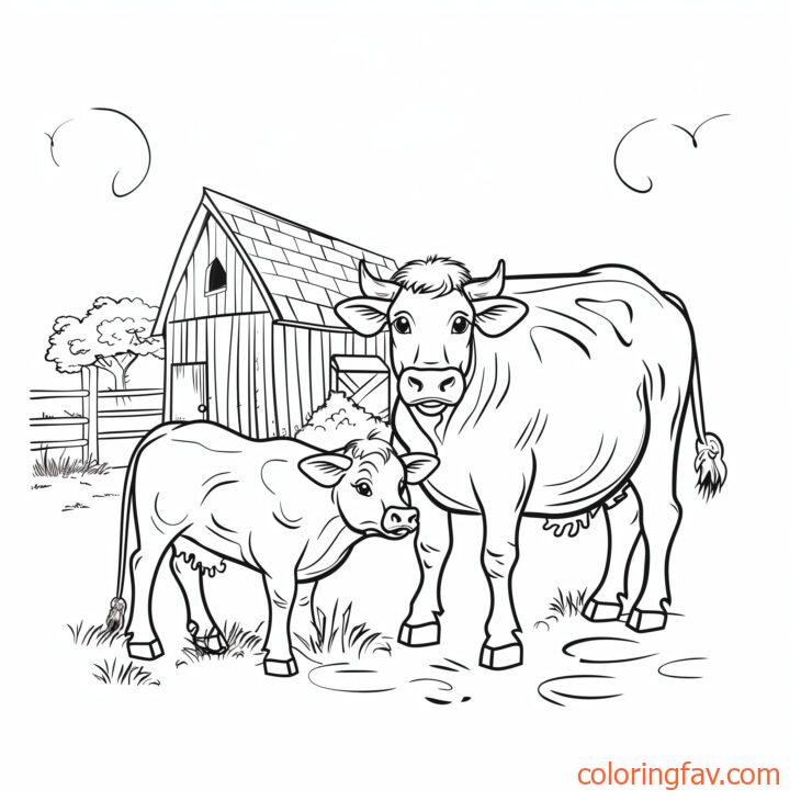 A protective cow standing guard over its calf with a barn and fence in the background 1