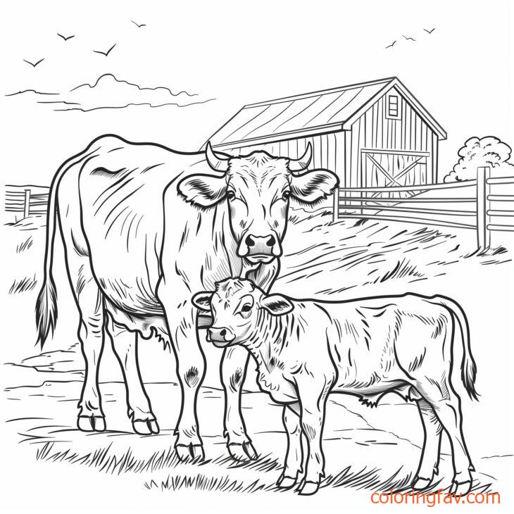 A protective cow standing guard over its calf with a barn and fence in the background 2