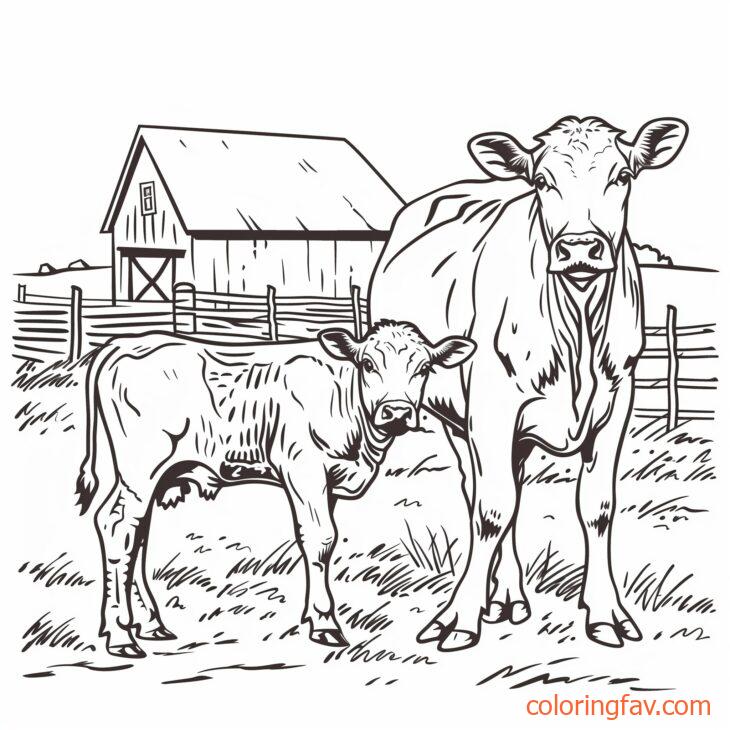 A protective cow standing guard over its calf with a barn and fence in the background 3