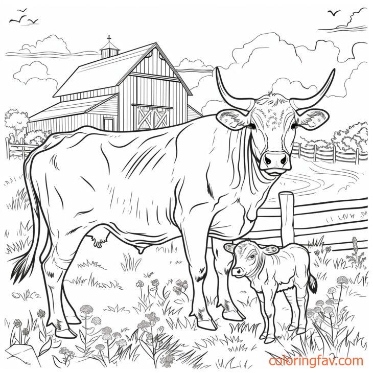 A protective cow standing guard over its calf with a barn and fence in the background 4