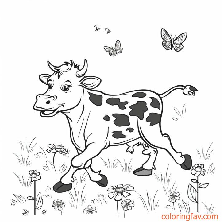 A speedy cow dashing through fields with wildflowers and butterflies around 1