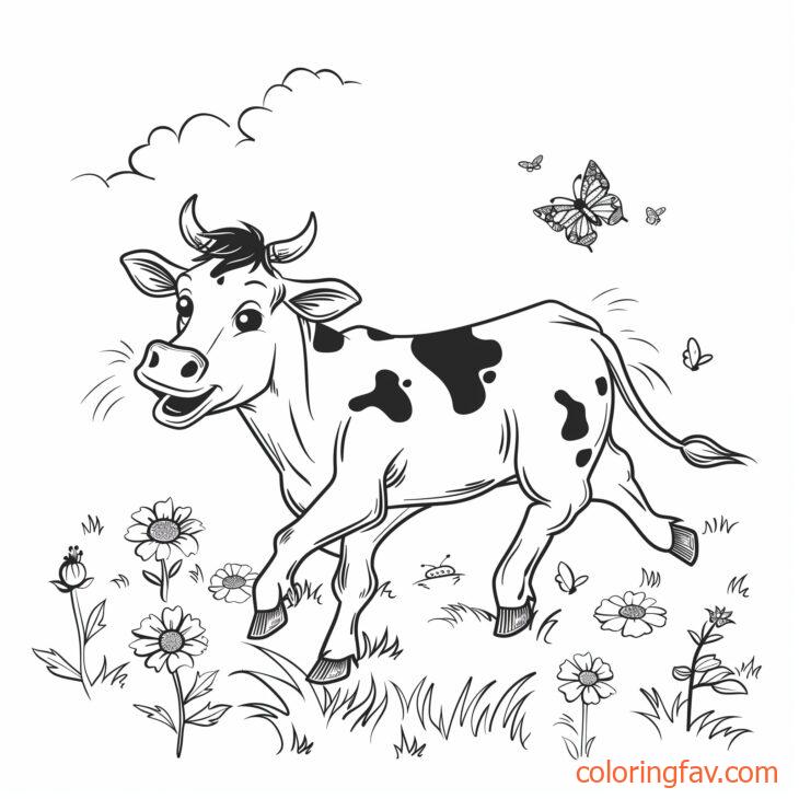 A speedy cow dashing through fields with wildflowers and butterflies around 2