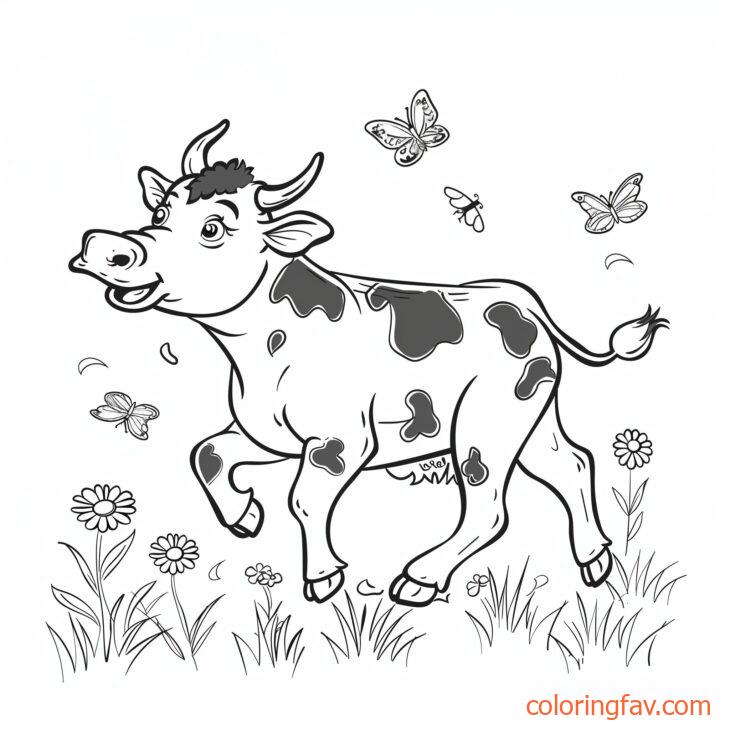 A speedy cow dashing through fields with wildflowers and butterflies around 3