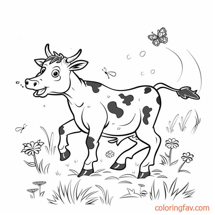 A speedy cow dashing through fields with wildflowers and butterflies around 4