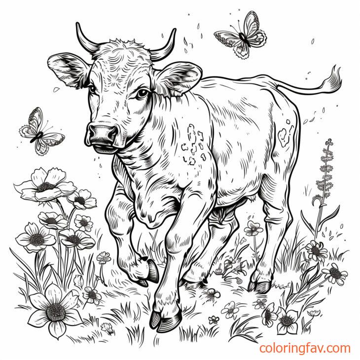 A speedy cow dashing through fields with wildflowers and butterflies around 5