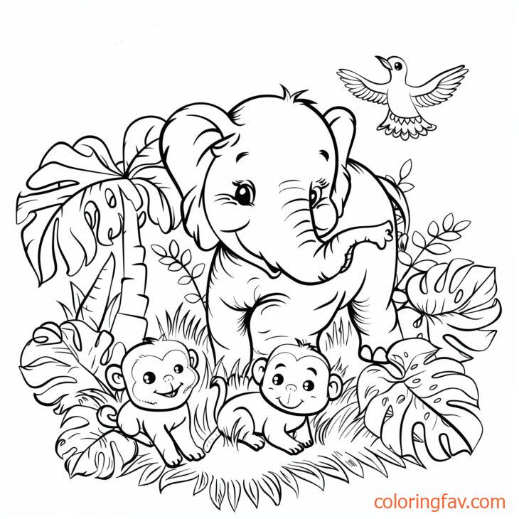 An elephant surrounded by other jungle animals like monkeys and birds 1