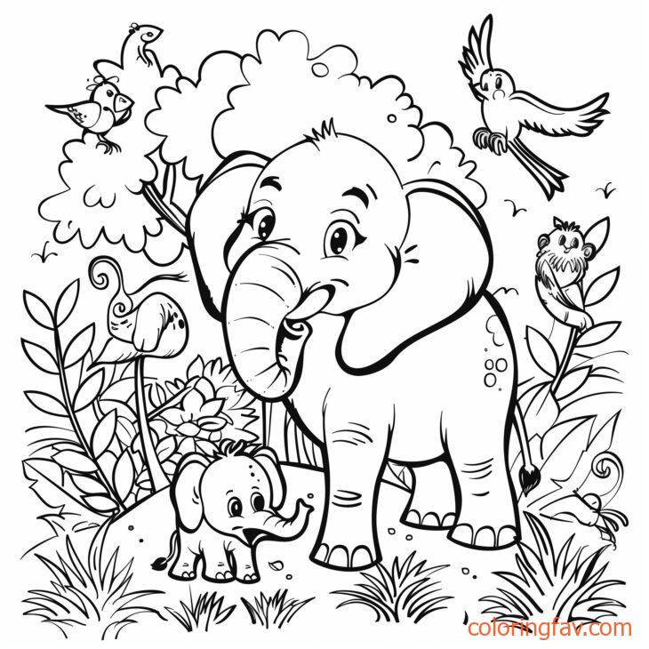 An elephant surrounded by other jungle animals like monkeys and birds 2