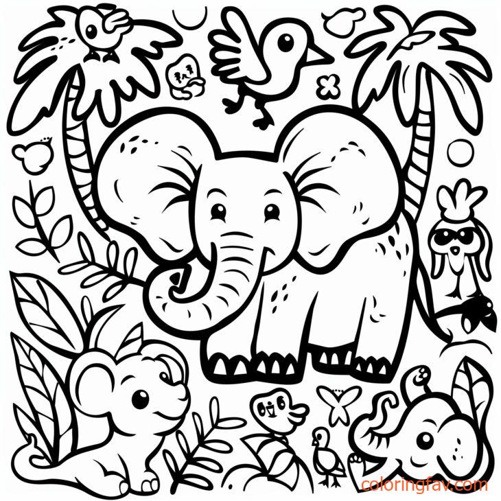 An elephant surrounded by other jungle animals like monkeys and birds 3