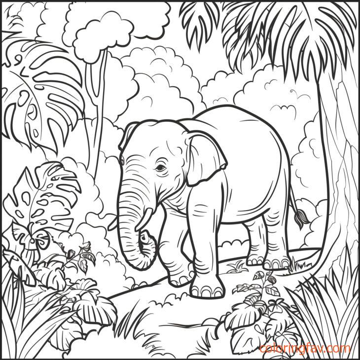 An elephant wandering through a dense jungle sniffing the ground 1