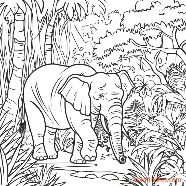 An elephant wandering through a dense jungle sniffing the ground 3